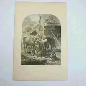 Art Print Farmer Horses Dog Old Friends John S. Davis The Aldine Antique 1873